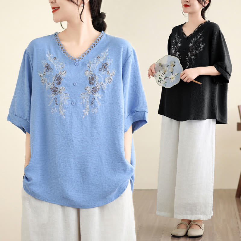 Buddha Stones Floral Embroidery V-Neck Half Sleeve T-shirt Tee - image 17