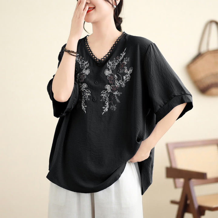Buddha Stones Floral Embroidery V-Neck Half Sleeve T-shirt Tee - image 15