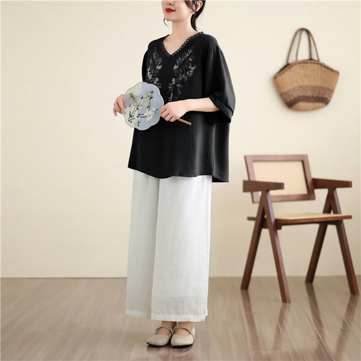 Buddha Stones Floral Embroidery V-Neck Half Sleeve T-shirt Tee - image 16