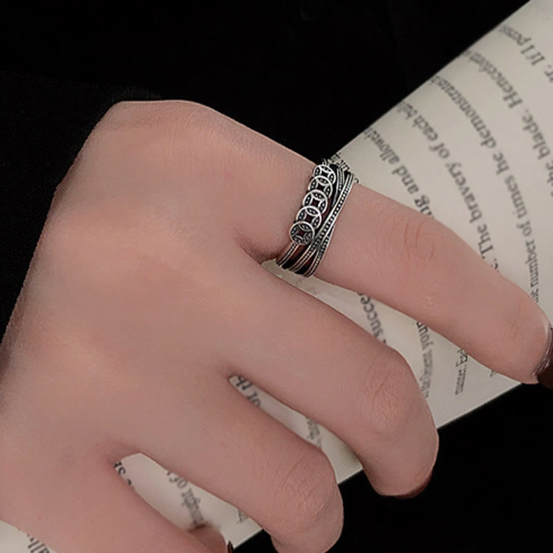 Buddha Stones 925 Sterling Silver Copper Coins Wealth Blessing Adjustable Ring - image 8