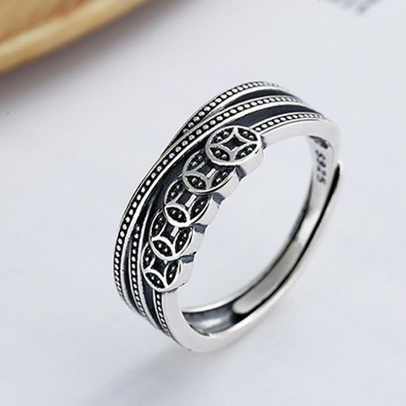 Buddha Stones 925 Sterling Silver Copper Coins Wealth Blessing Adjustable Ring - image 3