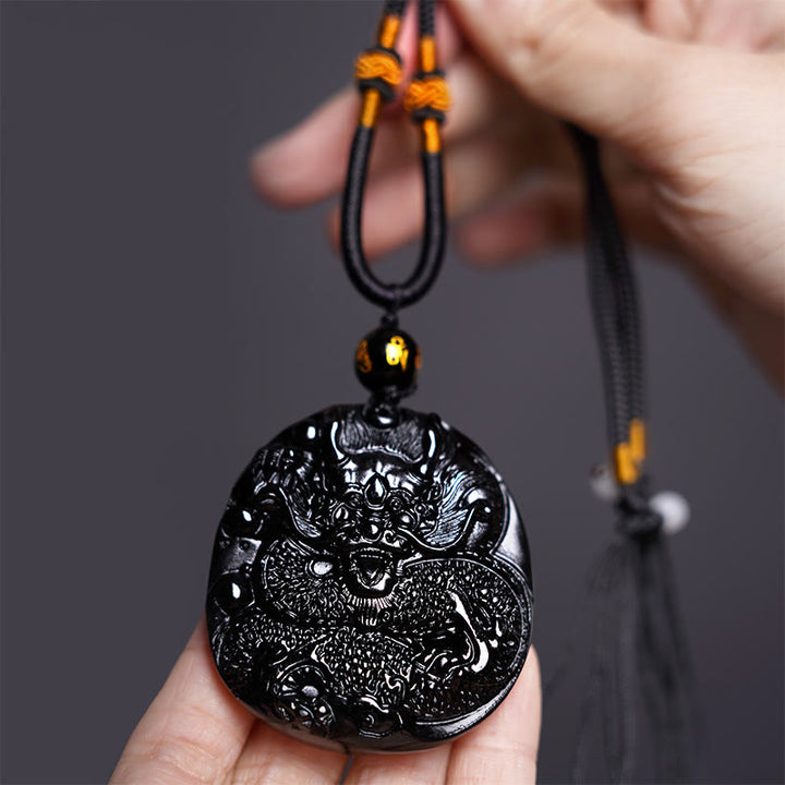 Buddha Stones Natural Black Obsidian Round Dragon Carved Protection Necklace Pendant - image 3