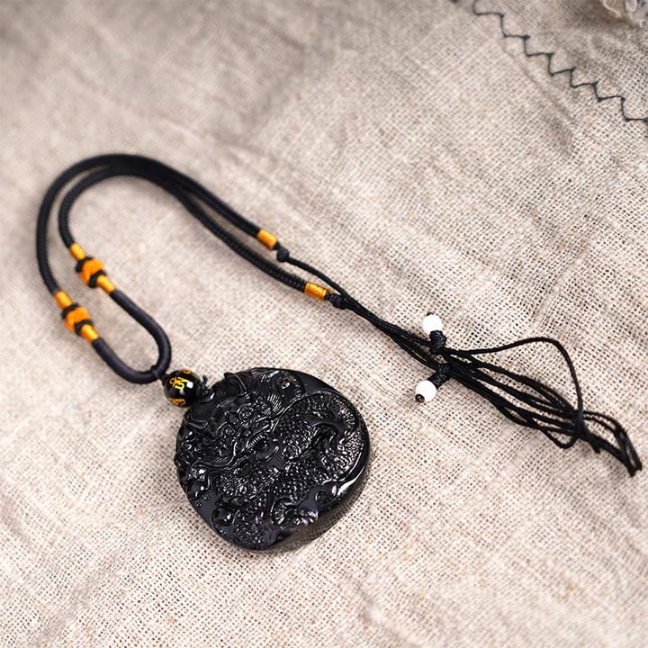 Buddha Stones Natural Black Obsidian Round Dragon Carved Protection Necklace Pendant - image 7