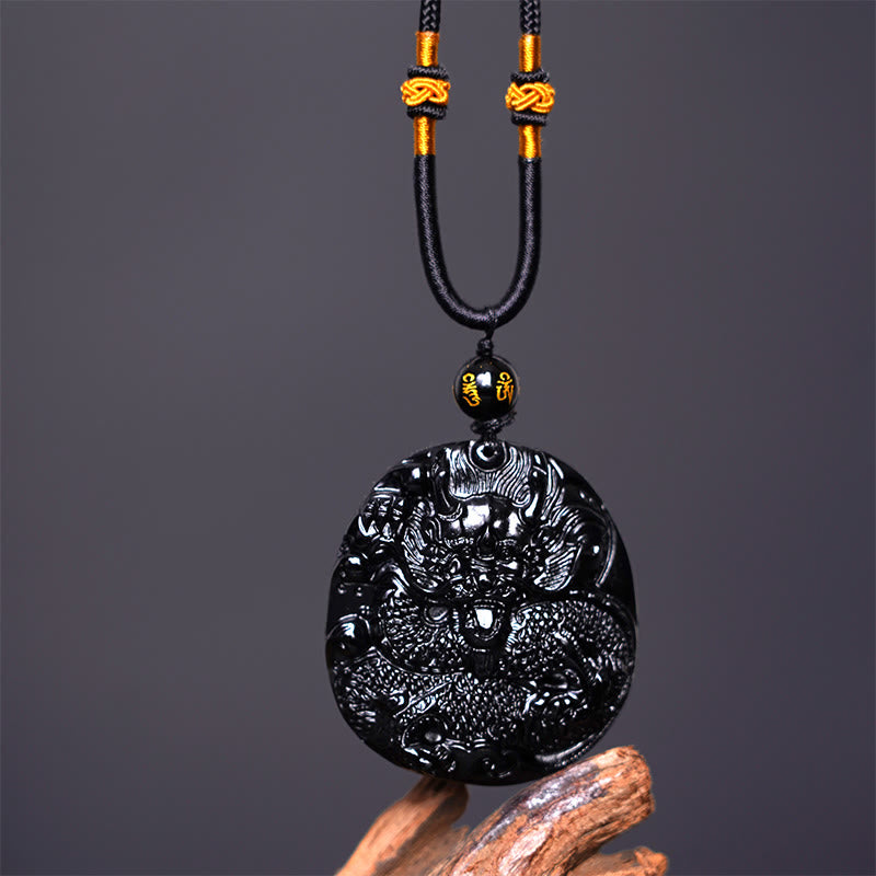 Buddha Stones Natural Black Obsidian Round Dragon Carved Protection Necklace Pendant - image 4
