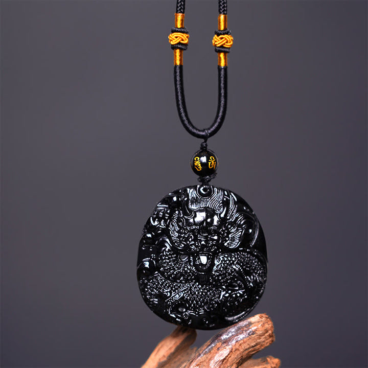 Buddha Stones Natural Black Obsidian Round Dragon Carved Protection Necklace Pendant - image 4