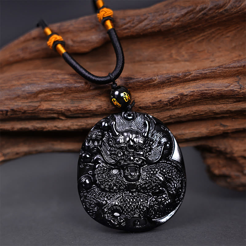 Buddha Stones Natural Black Obsidian Round Dragon Carved Protection Necklace Pendant - Dragon 45mm*48mm - image 1