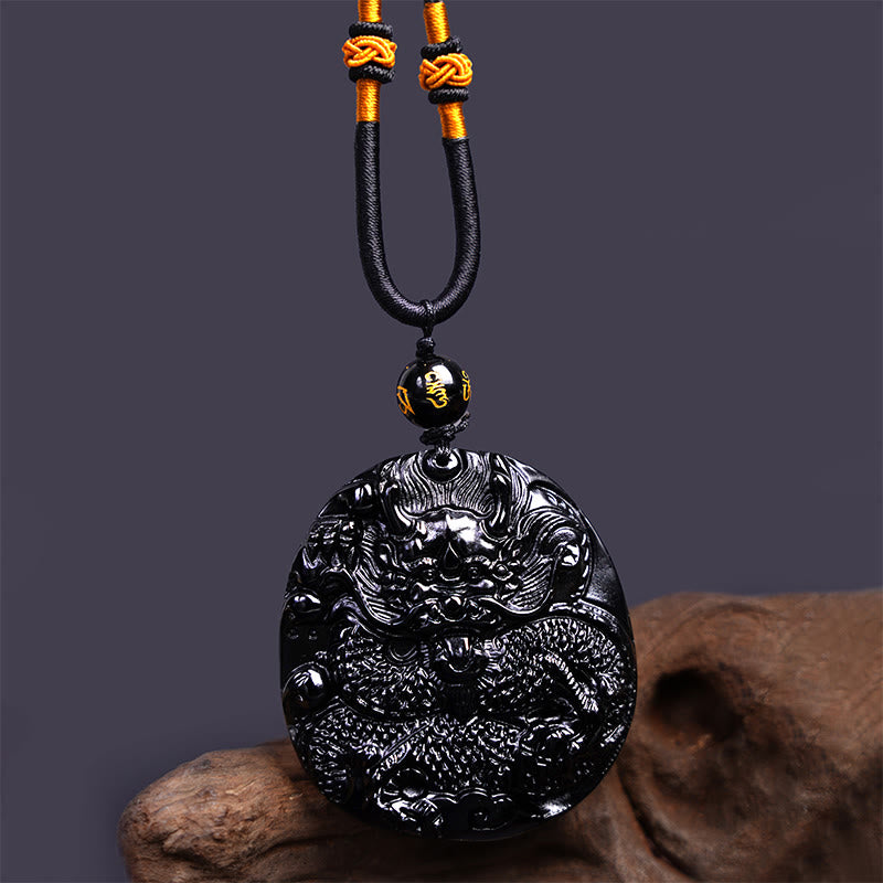 Buddha Stones Natural Black Obsidian Round Dragon Carved Protection Necklace Pendant - image 5