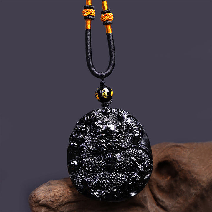 Buddha Stones Natural Black Obsidian Round Dragon Carved Protection Necklace Pendant - image 5