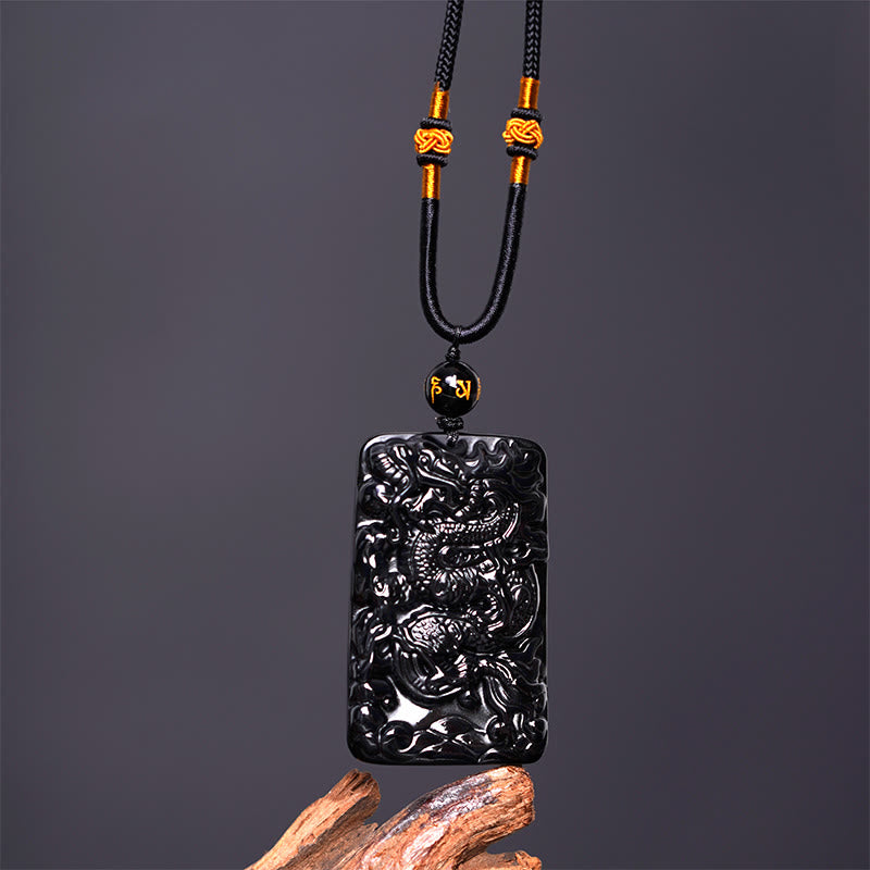 Buddha Stones Natural Black Obsidian Rectangular Dragon Engraved Success Necklace Pendant - image 4