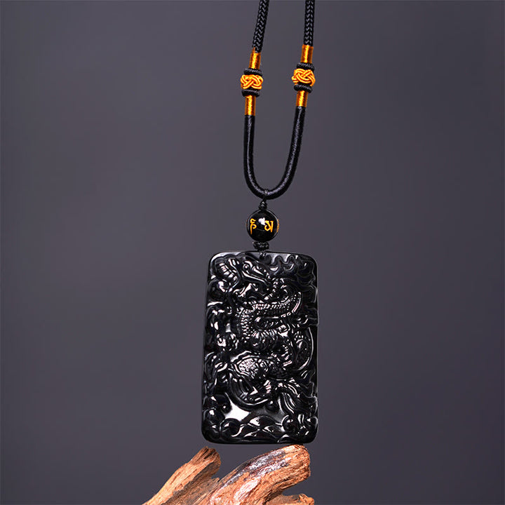 Buddha Stones Natural Black Obsidian Rectangular Dragon Engraved Success Necklace Pendant - image 4