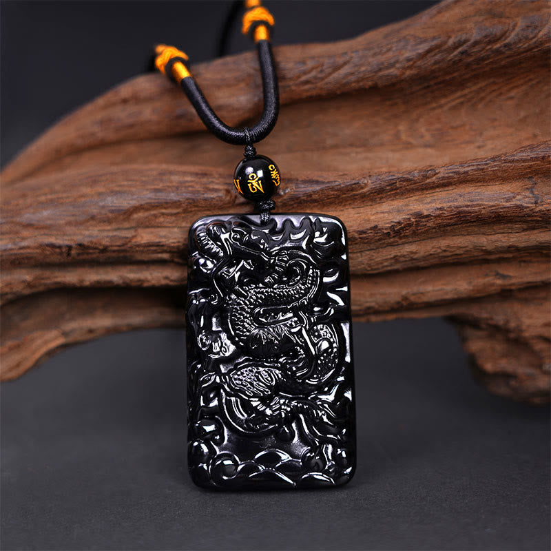 Buddha Stones Natural Black Obsidian Rectangular Dragon Engraved Success Necklace Pendant - image 2