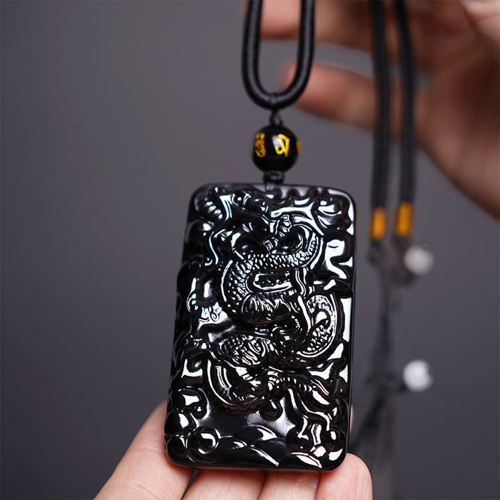 Buddha Stones Natural Black Obsidian Rectangular Dragon Engraved Success Necklace Pendant - Dragon 62mm*39mm - image 1