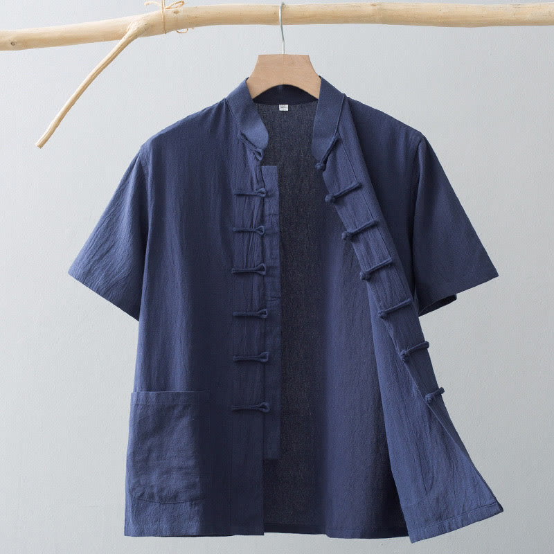 Buddha Stones Chinese Frog-Button Tang Suit Men's Short Sleeve Shirt Cotton Linen Clothing With Pockets - SteelBlue - US/UK/AU44,EU54 (4XL) - image 14
