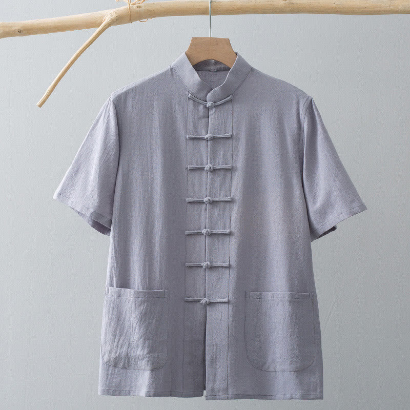 Buddha Stones Chinese Frog-Button Tang Suit Men's Short Sleeve Shirt Cotton Linen Clothing With Pockets - image 11
