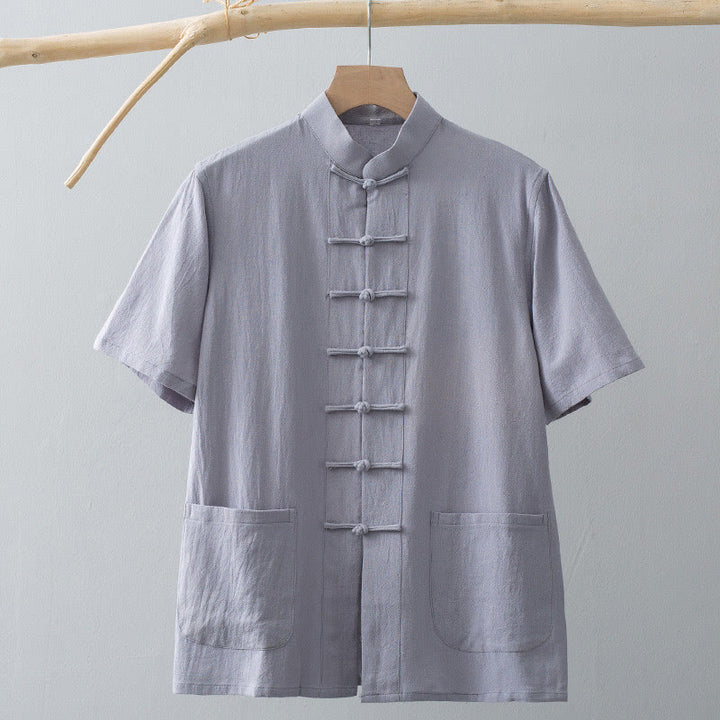 Buddha Stones Chinese Frog-Button Tang Suit Men's Short Sleeve Shirt Cotton Linen Clothing With Pockets - image 11