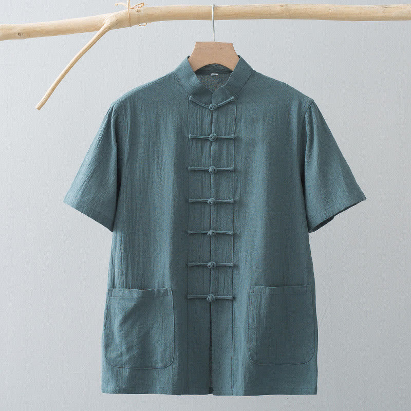 Buddha Stones Chinese Frog-Button Tang Suit Men's Short Sleeve Shirt Cotton Linen Clothing With Pockets - image 9