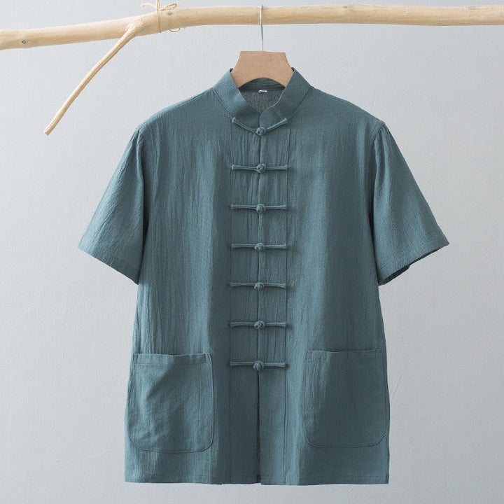 Buddha Stones Chinese Frog-Button Tang Suit Men's Short Sleeve Shirt Cotton Linen Clothing With Pockets - image 9