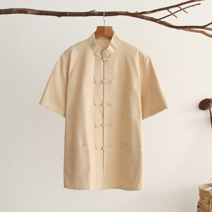 Buddha Stones Chinese Frog-Button Tang Suit Men's Short Sleeve Cotton Shirt With Pockets - Bisque - US/UK/AU44,EU54 (4XL) - image 11