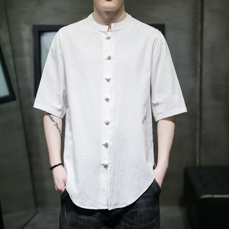 Buddha Stones Plain Color Men's Half Sleeve Cotton Shirt - White - US/UK/AU46,EU56 (5XL)  - image 1