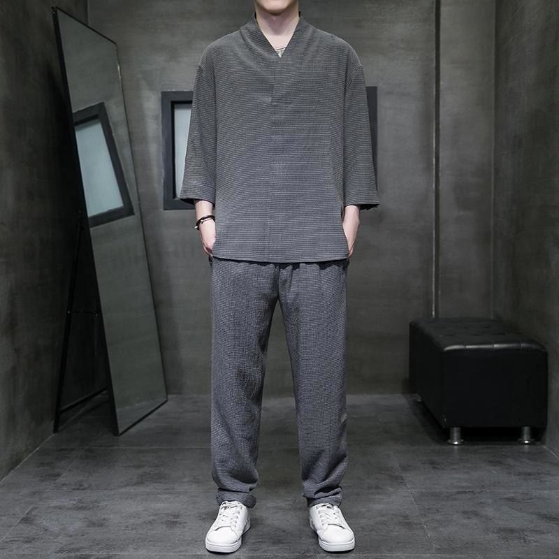 Buddha Stones Solid Color V-Neck Three Quarter Sleeve Shirt Casual Pants Clothing Men's Set - DimGray - US/UK/AU44,EU54 (4XL) - image 18