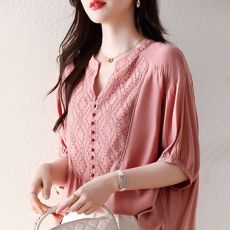 Buddha Stones V-Neck Pink Buttons Design Half Sleeve T-shirt Tee - image 4