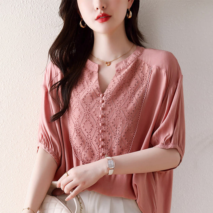 Buddha Stones V-Neck Pink Buttons Design Half Sleeve T-shirt Tee - image 11