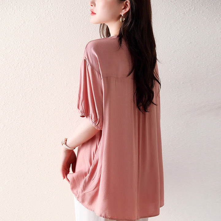 Buddha Stones V-Neck Pink Buttons Design Half Sleeve T-shirt Tee - image 3