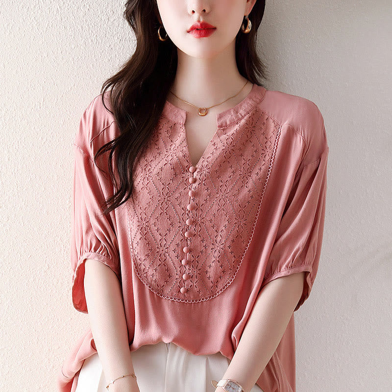 Buddha Stones V-Neck Pink Buttons Design Half Sleeve T-shirt Tee - image 12