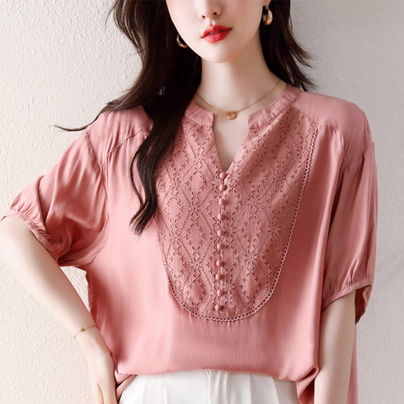 Buddha Stones V-Neck Pink Buttons Design Half Sleeve T-shirt Tee - image 13