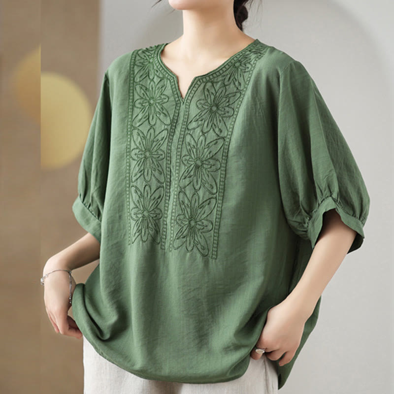 Buddha Stones Flower Embroidery Design Half Sleeve Cotton Linen T-shirt Tee - DarkSeaGreen - F(Fit for US4-6; UK/AU8-10; EU36-38) - image 0