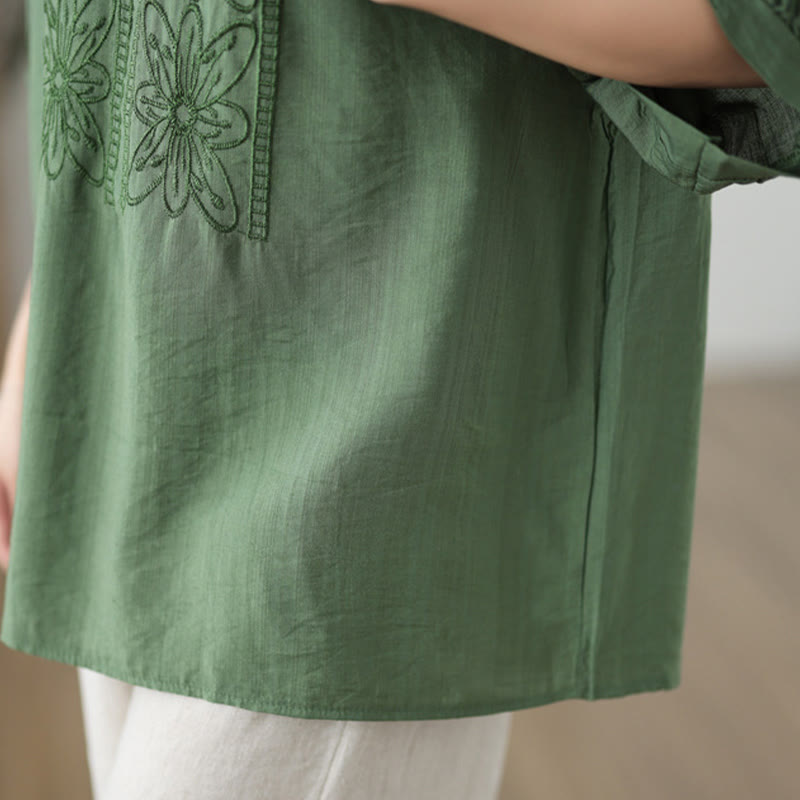 Buddha Stones Flower Embroidery Design Half Sleeve Cotton Linen T-shirt Tee - image 7