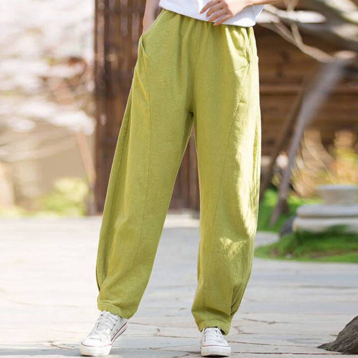 Buddha Stones Casual Ramie Linen Cotton Yoga Pants With Pockets - GreenYellow - US4,UK/AU8,EU36 (L) - image 0