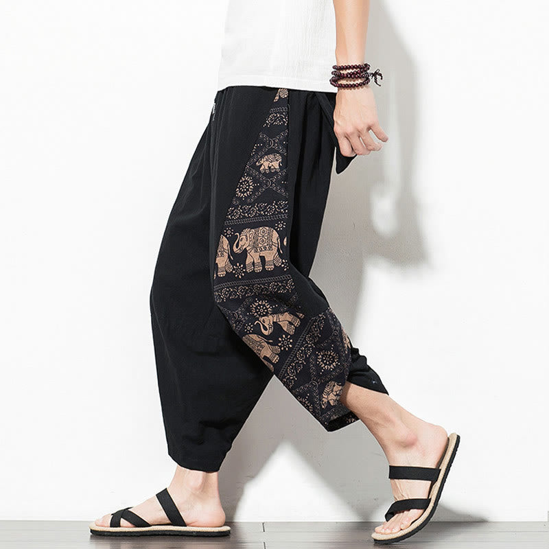 Buddha Stones Brown Elephant Print Cotton Men's Cropped Harem Pants With Pockets - Black - US/UK/AU46,EU56 (5XL) - image 0