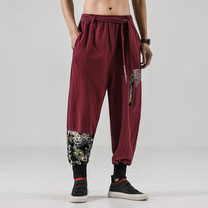 Buddha Stones Ocean Waves Lace-up Cotton Men's Harem Pants With Pockets - IndianRed - US/UK/AU46,EU56 (5XL)  - image 14