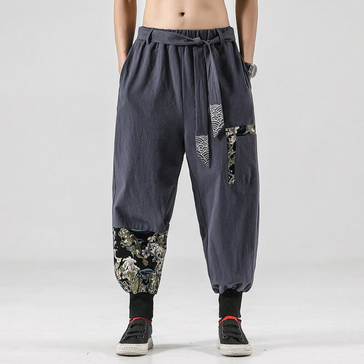 Buddha Stones Ocean Waves Lace-up Cotton Men's Harem Pants With Pockets - LightGrey - US/UK/AU46,EU56 (5XL)  - image 22