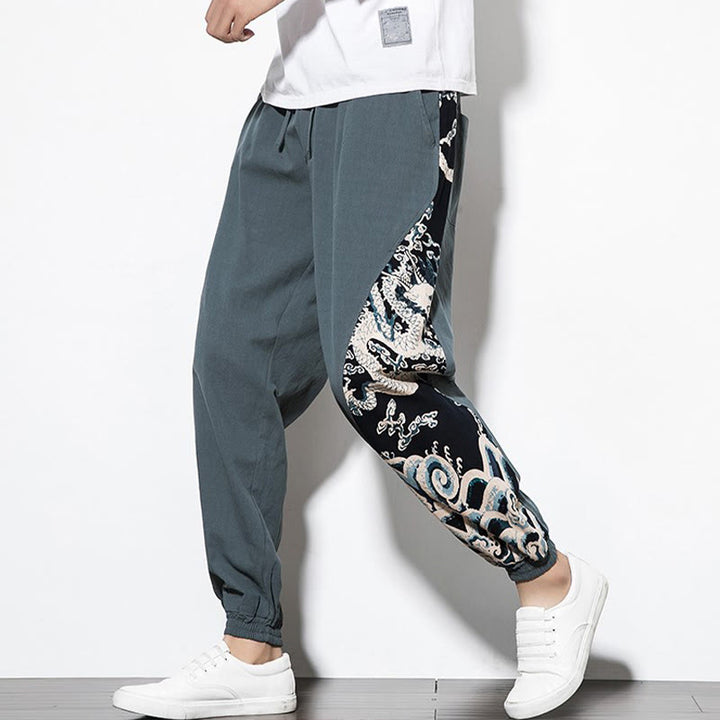 Buddha Stones Summer Dragon Waves Cotton Men's Pants With Pockets - image 7