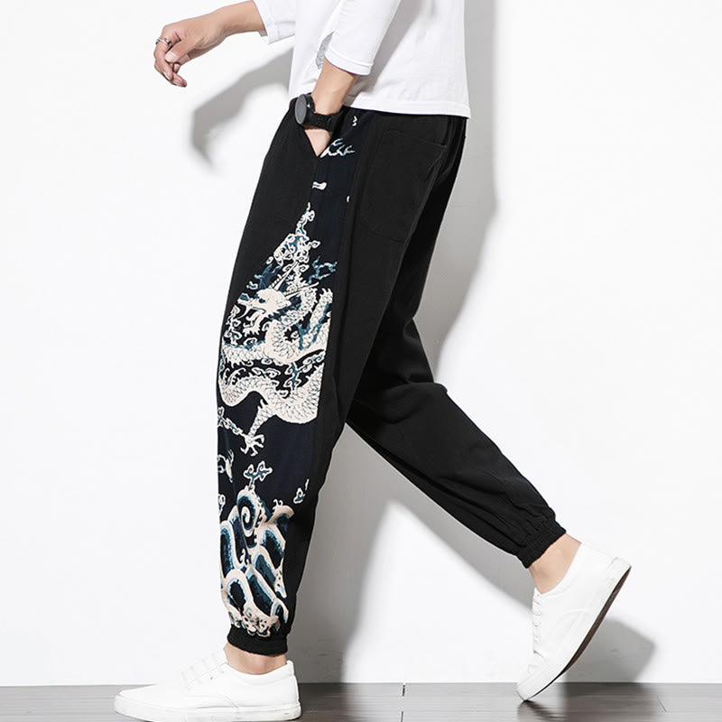 Buddha Stones Summer Dragon Waves Cotton Men's Pants With Pockets - image 15