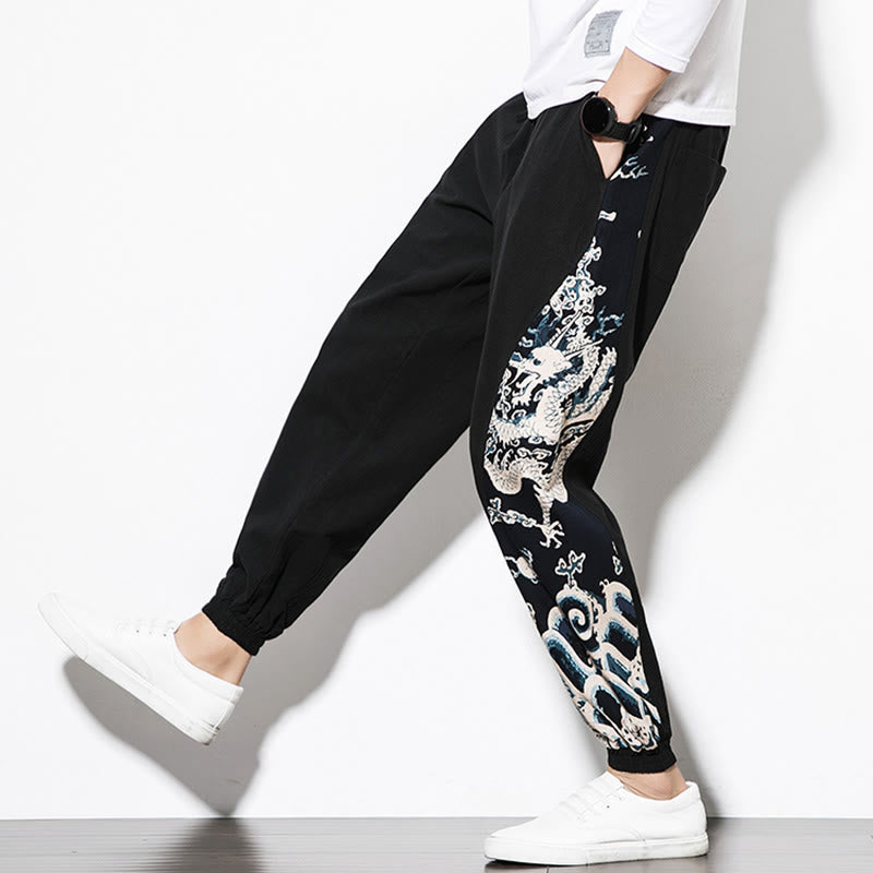 Buddha Stones Summer Dragon Waves Cotton Men's Pants With Pockets - image 17