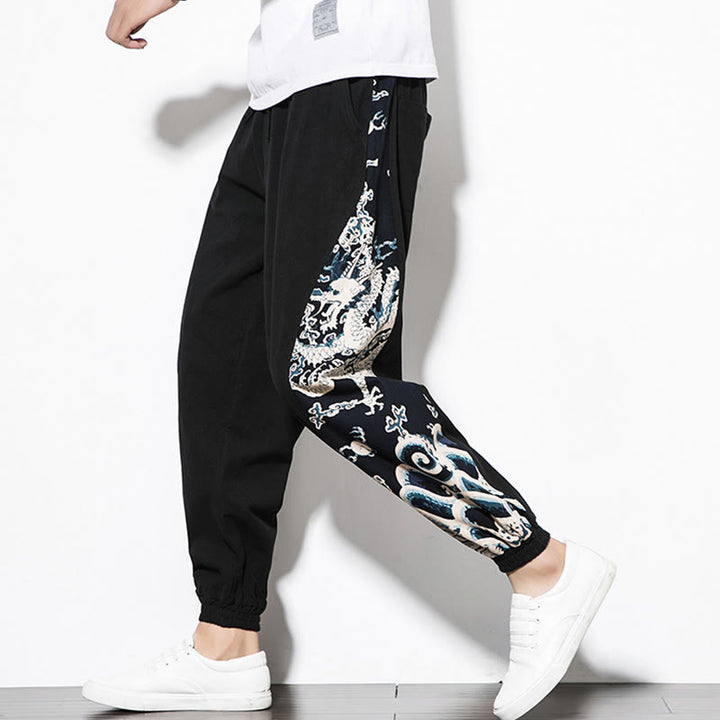 Buddha Stones Summer Dragon Waves Cotton Men's Pants With Pockets - image 13
