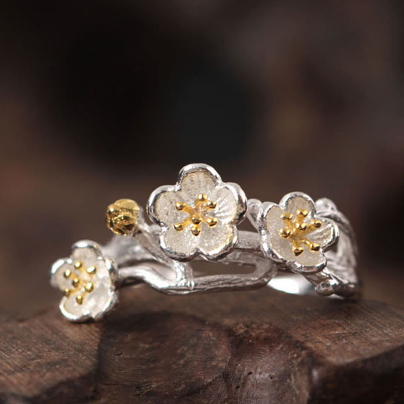 Buddha Stones 925 Sterling Silver Plum Bossom Calm Ring - image 1
