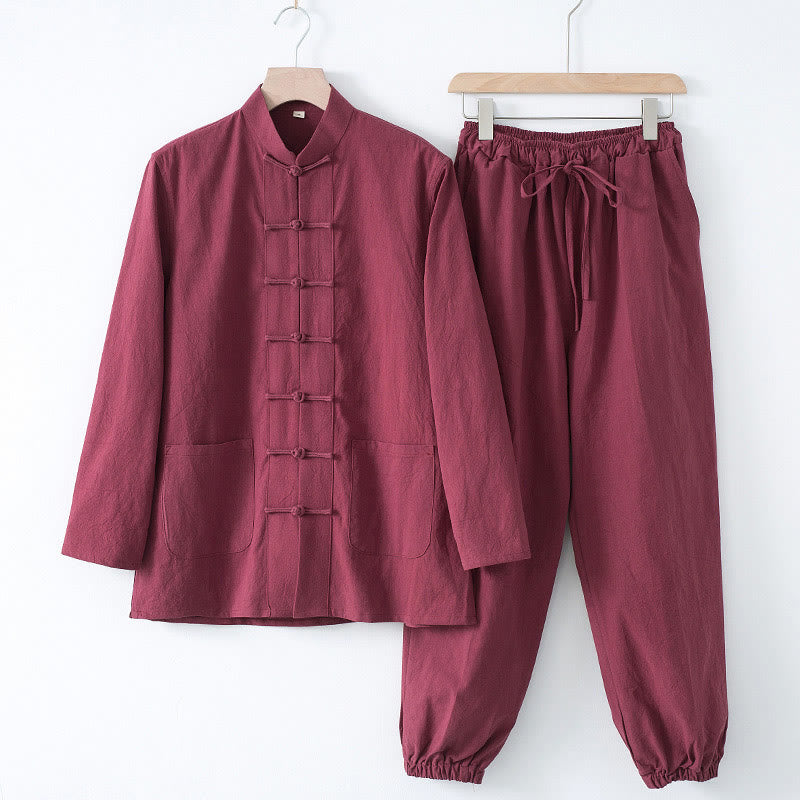 Buddha Stones Meditation Frog-Button Tang Long Sleeve Shirt Pants Men's Suit - Maroon Shirt&Maroon Pant - US/UK/AU44,EU54 (4XL) - image 14