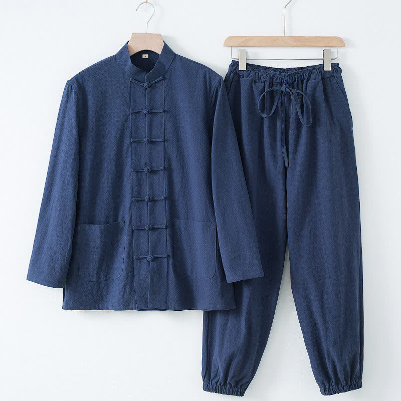 Buddha Stones Meditation Frog-Button Tang Long Sleeve Shirt Pants Men's Suit - DarkBlue Shirt&DarkBlue Pant - US/UK/AU44,EU54 (4XL) - image 12