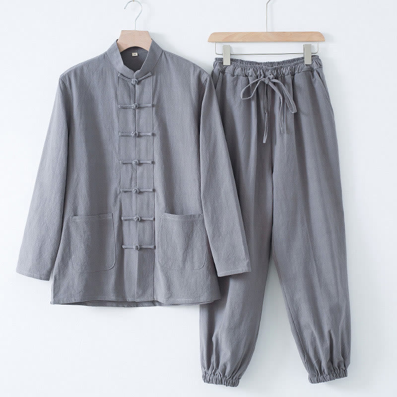 Buddha Stones Meditation Frog-Button Tang Long Sleeve Shirt Pants Men's Suit - Silver Shirt&Silver Pant - US/UK/AU44,EU54 (4XL) - image 16