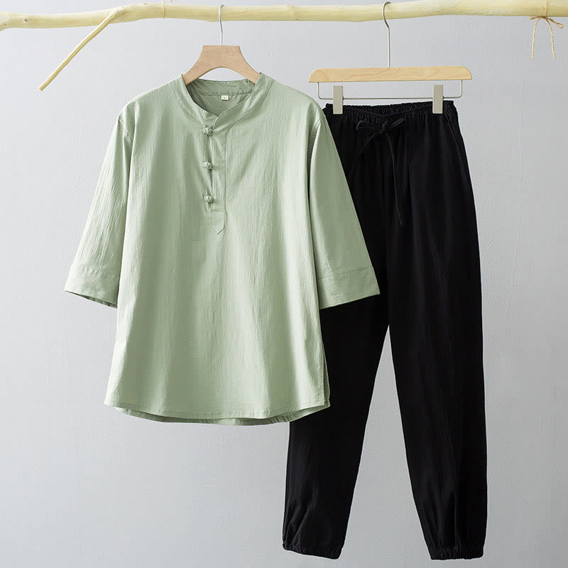 Buddha Stones Frog-Button Three Quarter Sleeve Shirt Pants Men's Suit - DarkSeaGreen Shirt&Black Pant - US/UK/AU44,EU54 (4XL) - image 6