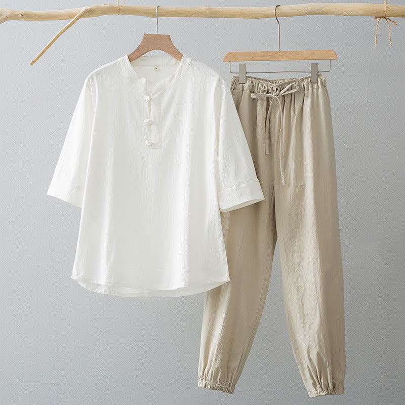 Buddha Stones Frog-Button Three Quarter Sleeve Shirt Pants Men's Suit - White Shirt&AntiqueWhite Pant - US/UK/AU44,EU54 (4XL) - image 7