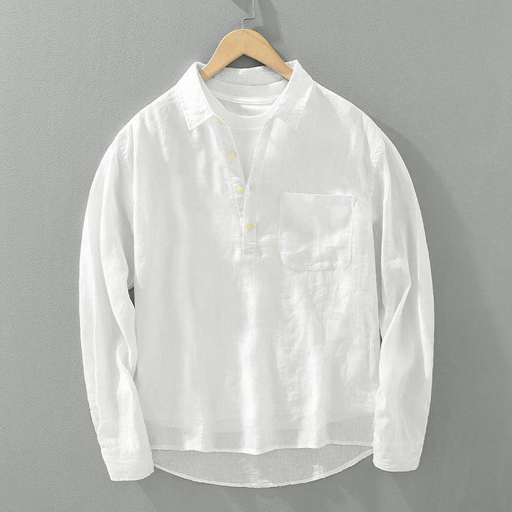 Buddha Stones Solid Color Loose Long Sleeve Half Button Shirt Linen Men Clothing - White - US/UK/AU42,EU52 (3XL) - image 1