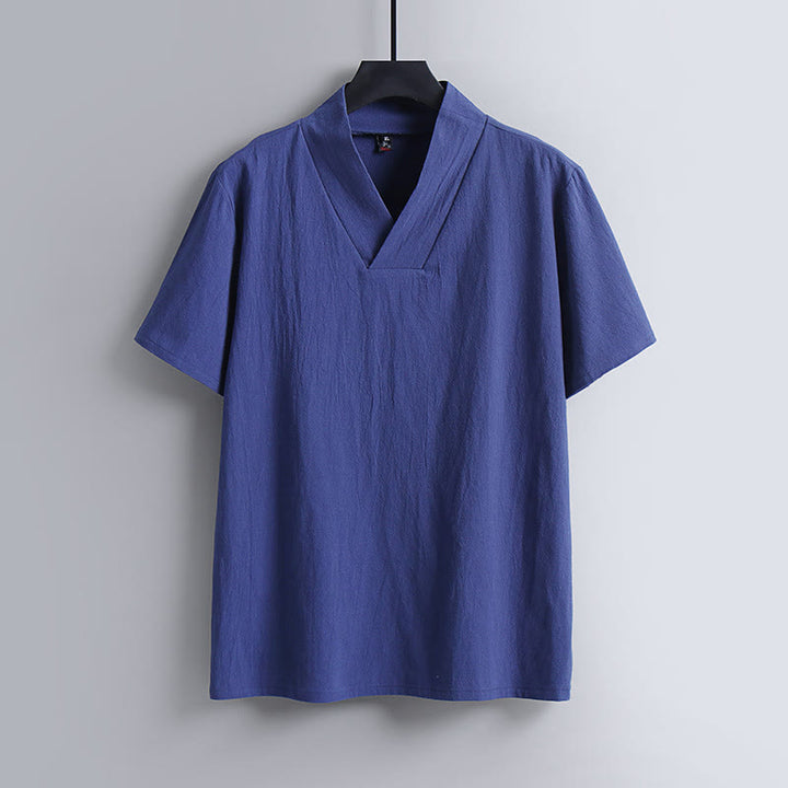 Buddha Stones Loose Men's T-Shirt Solid Color Top Short Sleeve V Collar Breathable Linen Shirt - RoyalBlue - US/UK/AU54,EU64 (9XL) - image 4