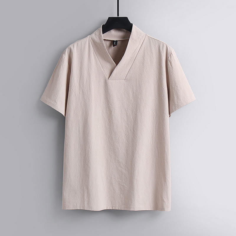 Buddha Stones Loose Men's T-Shirt Solid Color Top Short Sleeve V Collar Breathable Linen Shirt - MistyRose - US/UK/AU54,EU64 (9XL) - image 5