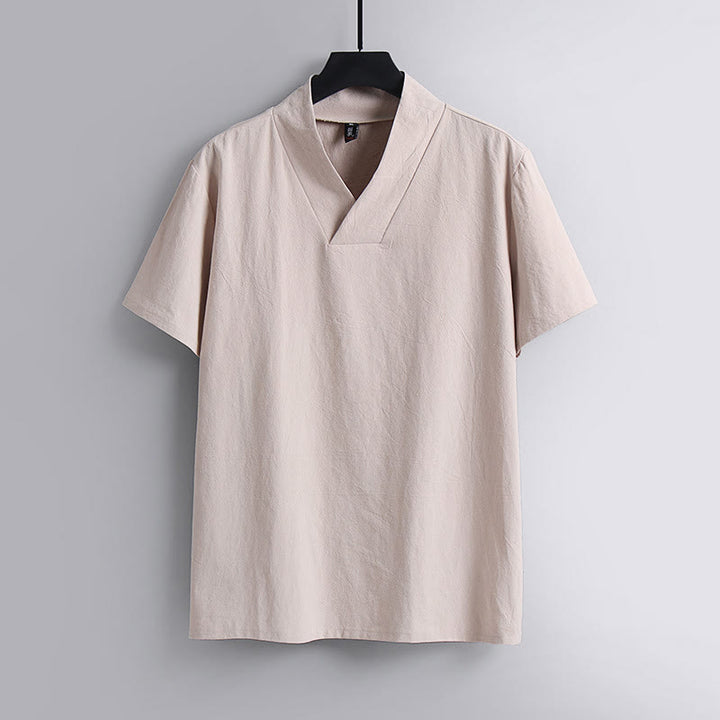 Buddha Stones Loose Men's T-Shirt Solid Color Top Short Sleeve V Collar Breathable Linen Shirt - MistyRose - US/UK/AU54,EU64 (9XL) - image 5