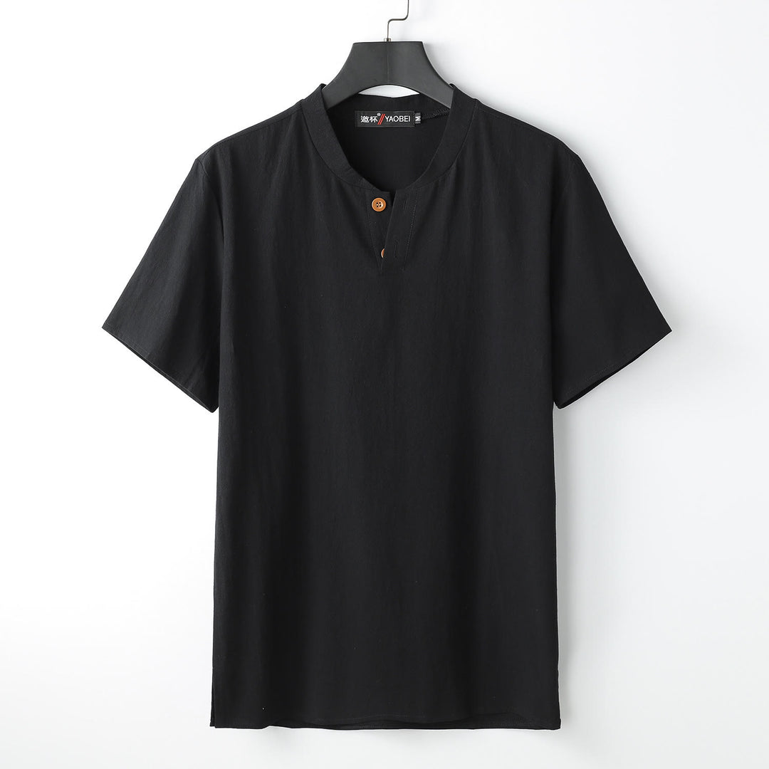 Buddha Stones Loose Men's T-shirt Solid Color Top Short Sleeve Button Notched Neck Soft Cotton Linen Shirt - Black - US/UK/AU54,EU64 (9XL) - image 2